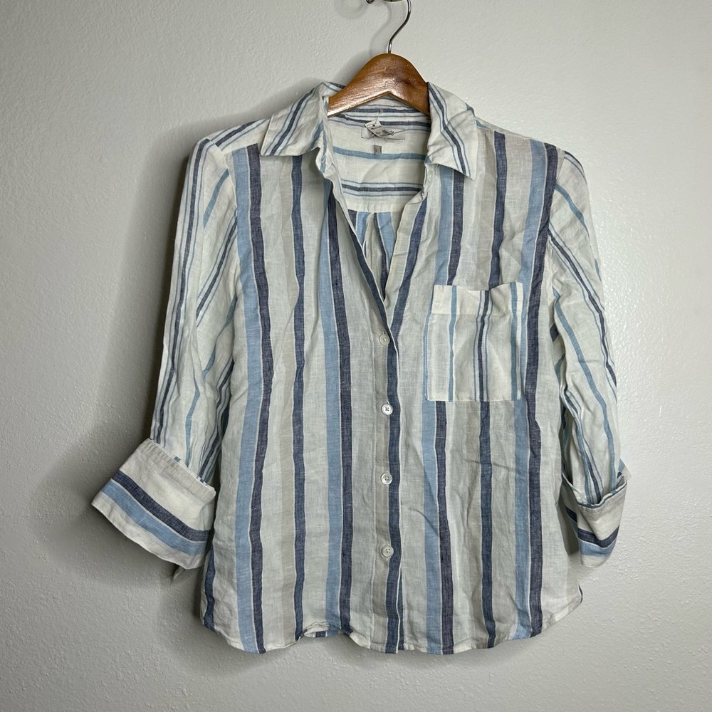 NWT Madewell 100% Linen Striped Blue White Button Down 3/4 Sleeve Top XS